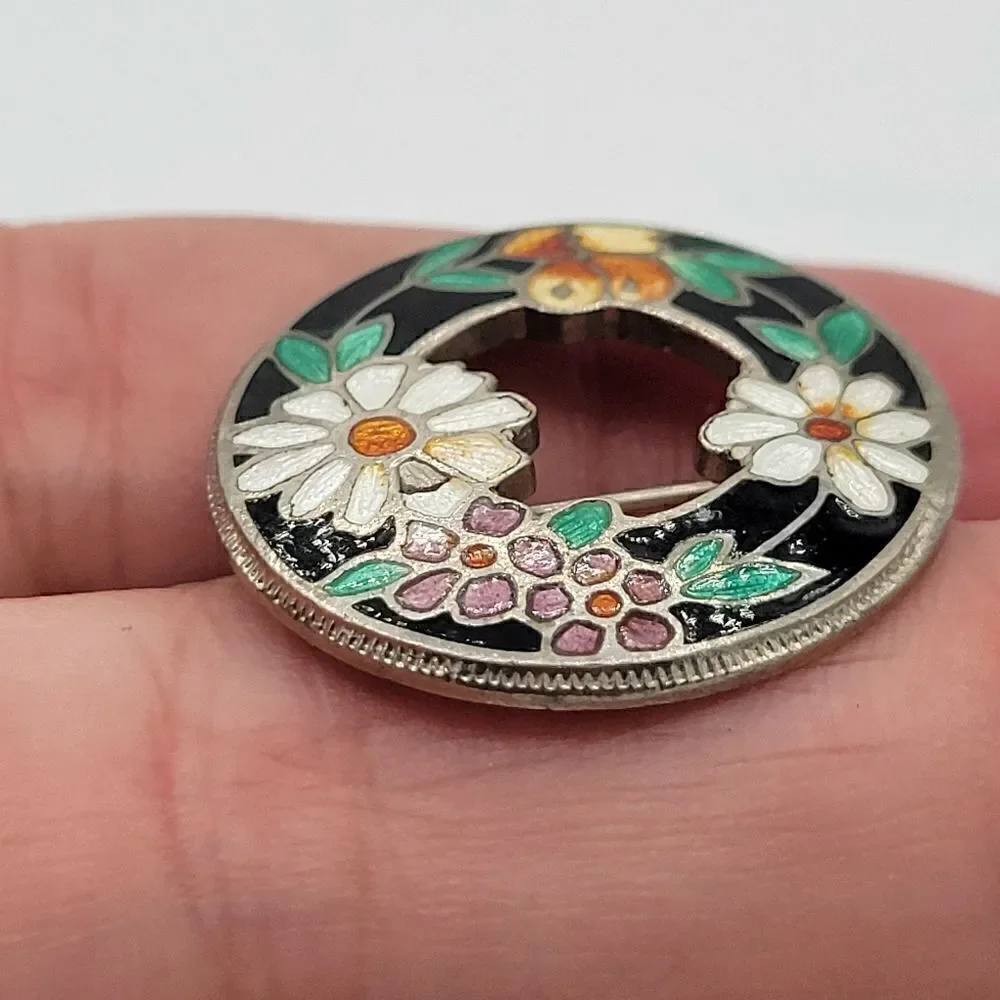 Cloisonne Vtg Gold Toned Multi Color Flowers Leaves Pin / Brooch 2